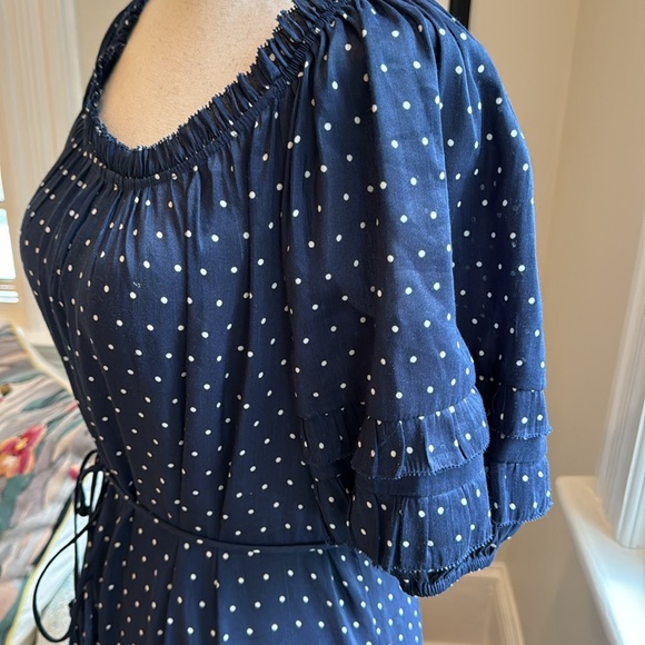 Apiece apart navy polka dot puff sleeve midi dress with tie waist. - Picture 7 of 7